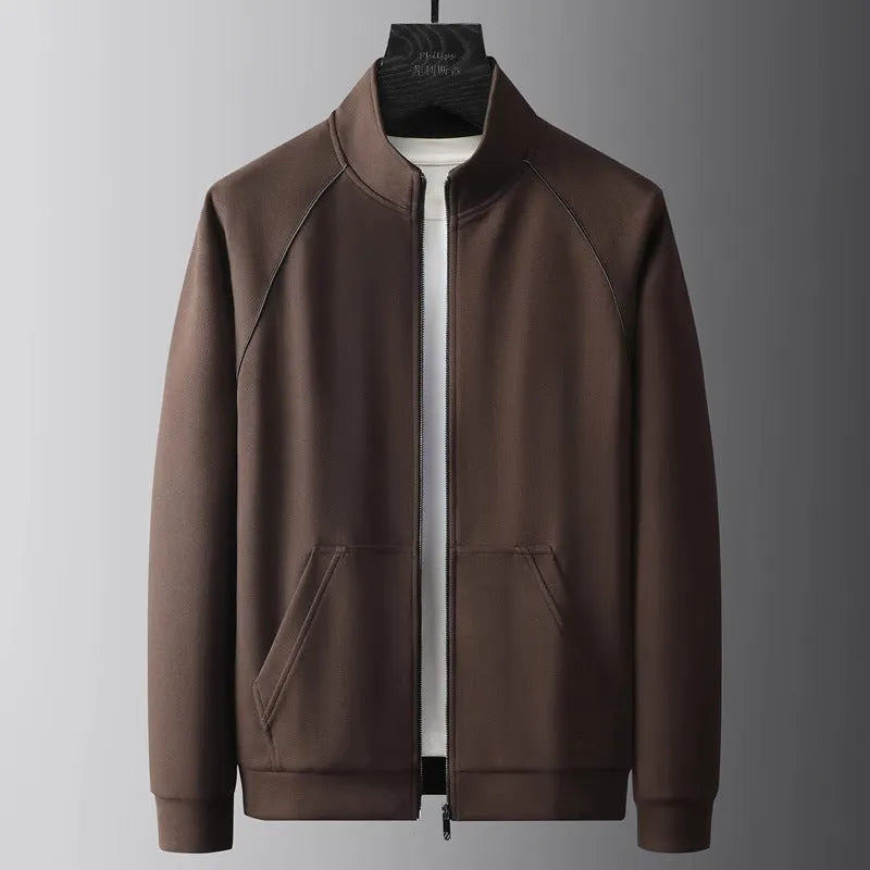 Men's slim fit stand collar casual sports suit two-piece set in black.