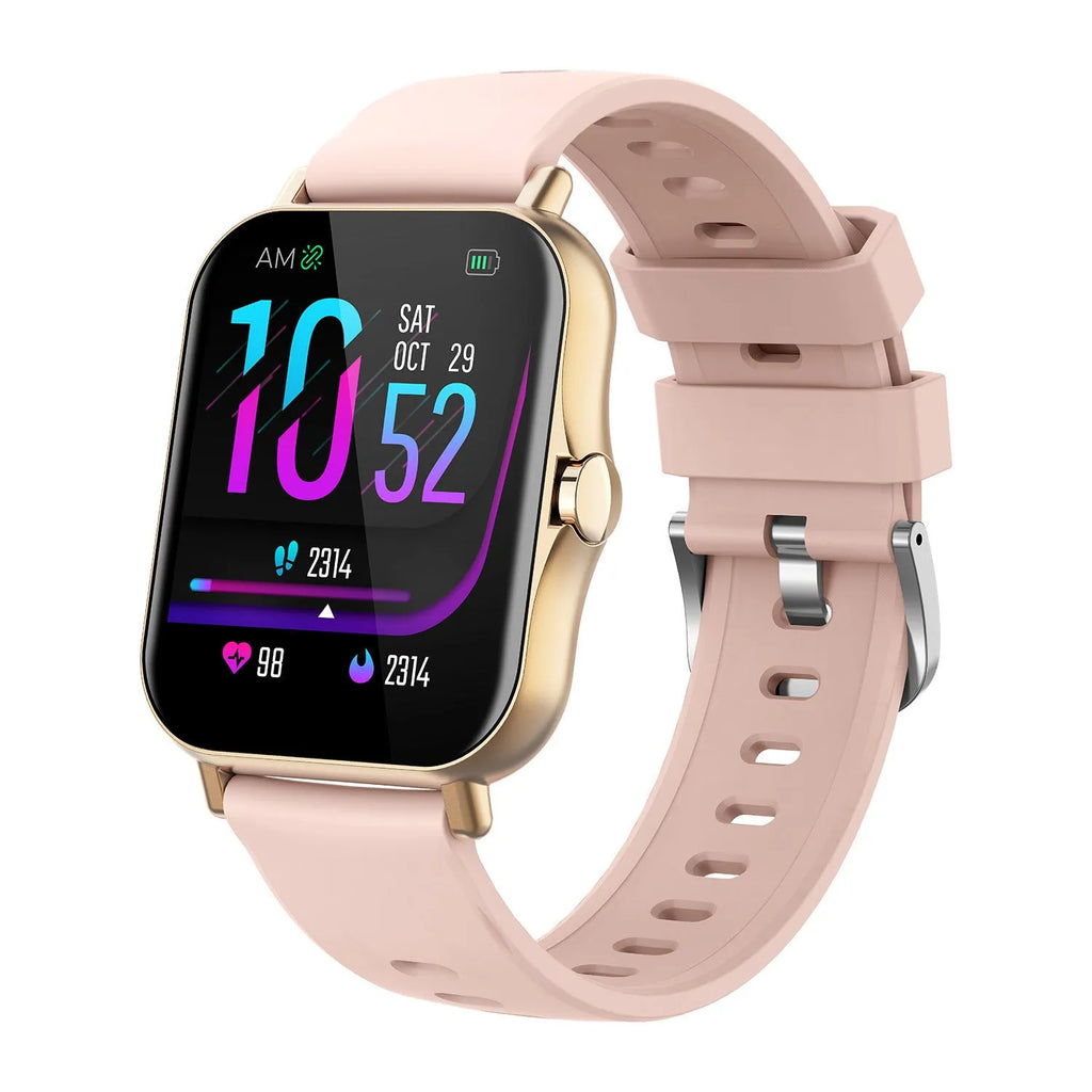 Bluetooth smart watch with heart rate and blood pressure monitoring on wrist, showing 1.75-inch curved touch screen