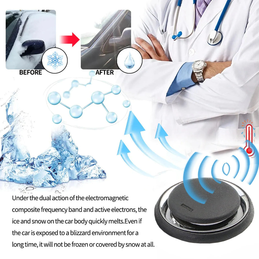 Black portable car deicing instrument for melting snow on vehicle windscreens.