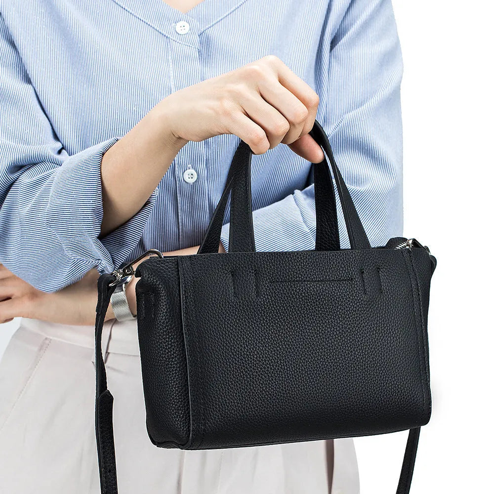 Genuine leather crossbody handbag in horizontal square shape with sandwich pocket, available in multiple colours