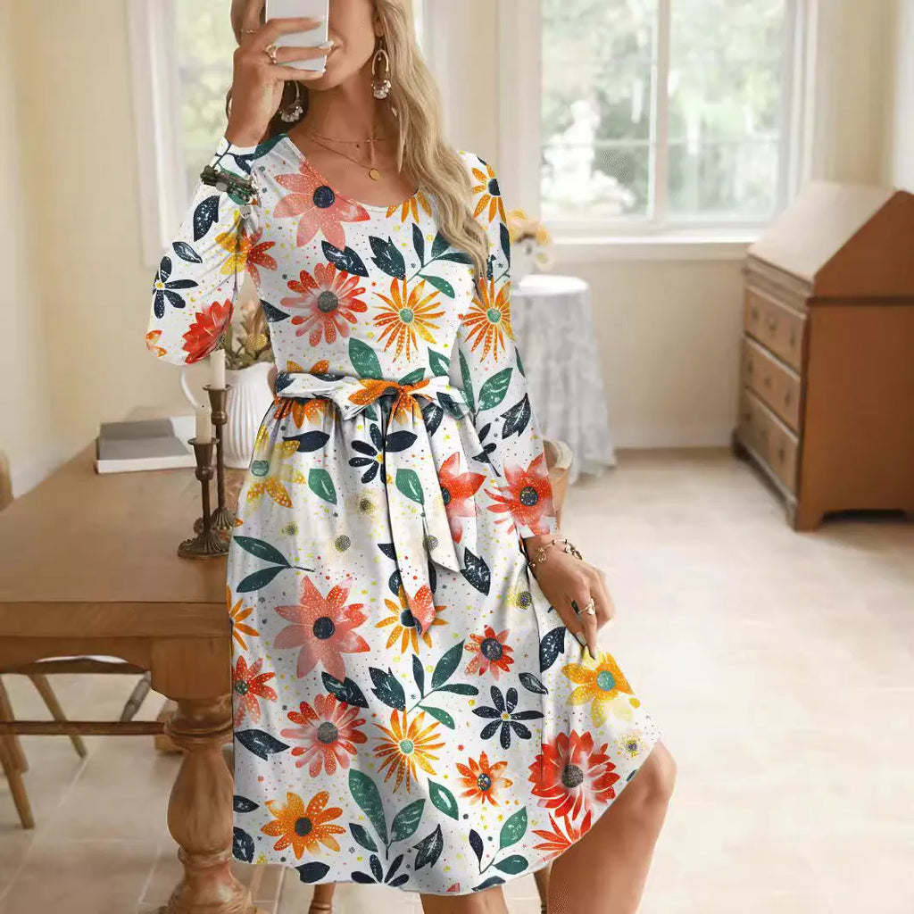 Round neck long sleeve midi waist printing dress for women in pullover style with printed polyester fabric