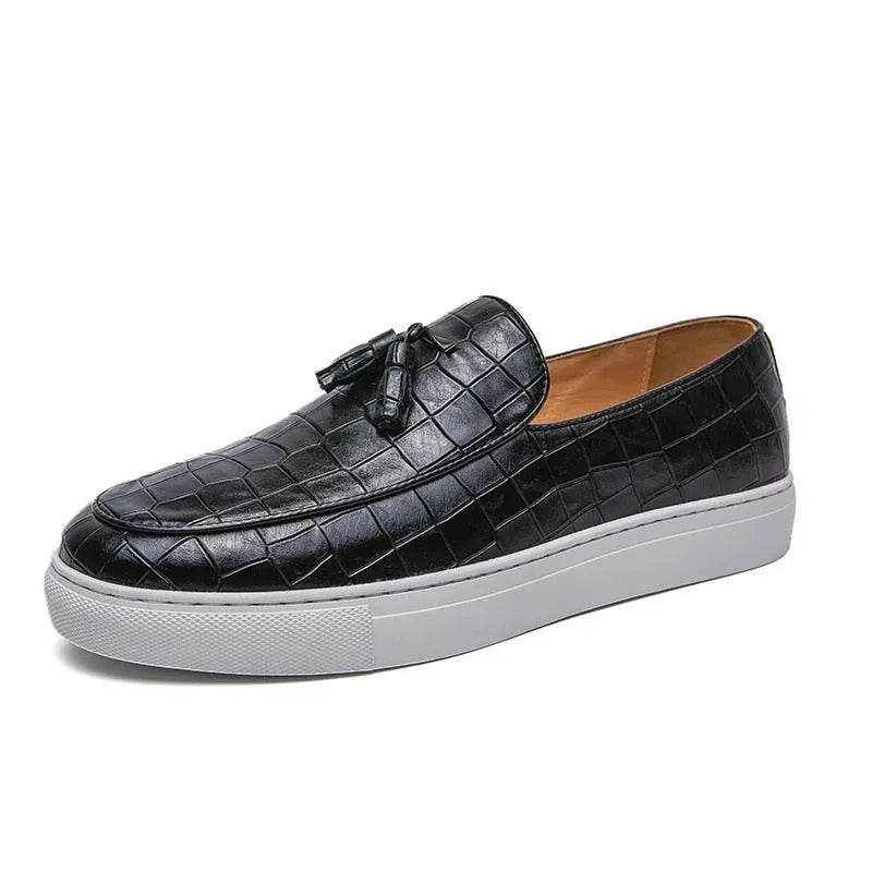 Men's brown plus size business casual sneakers with tassel detail on the PU leather upper and a rubber sole.