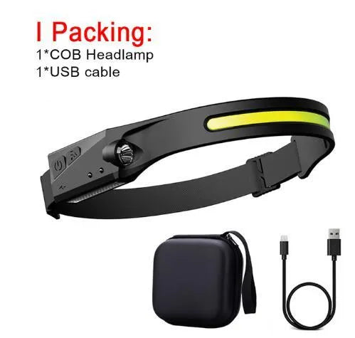 Black silicone USB rechargeable LED headlamp with side wave sensor, showing wide beam and long-range lighting.