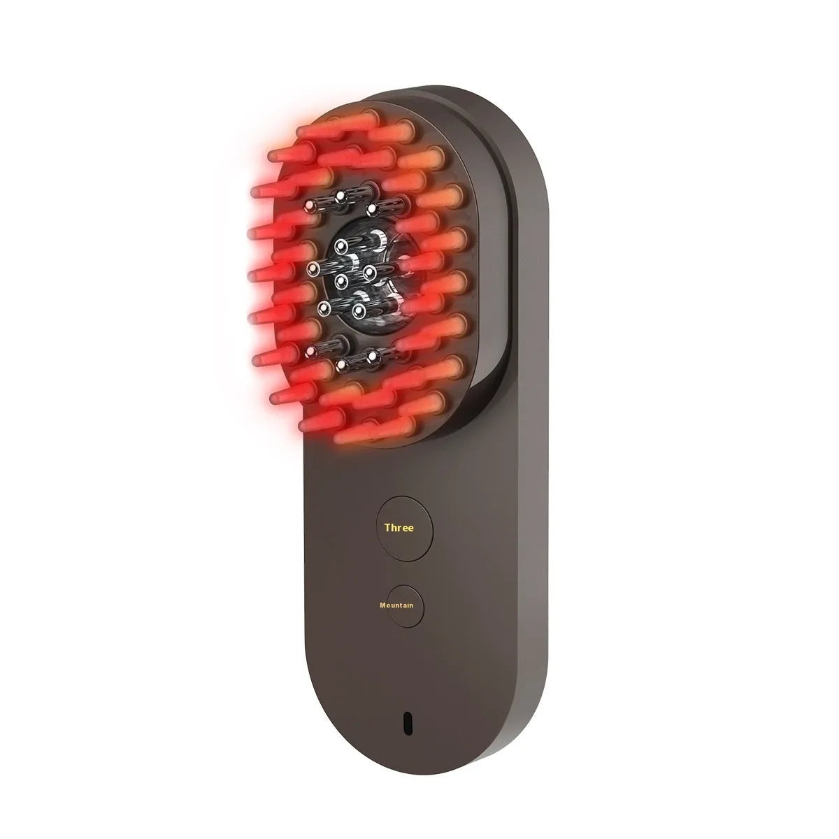 Pink and black smart massage comb with red light therapy for hair care, shown next to a ruler under 10cm.