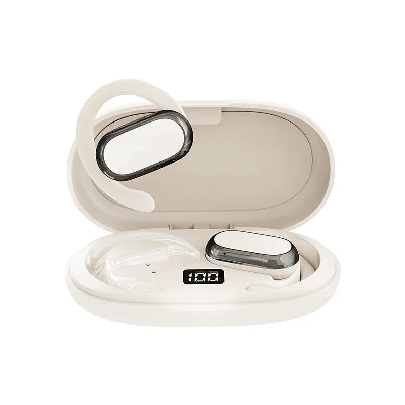 Dual ear-mounted Bluetooth headset with noise reduction and bone conduction, white colour, showing digital display screen and ear hook design