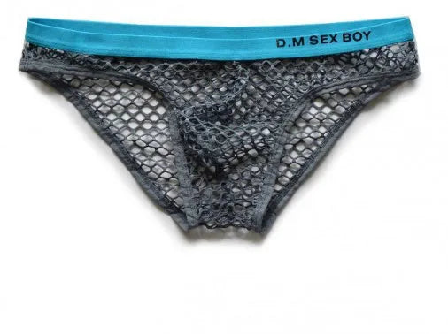 Men's low-waist mesh briefs personalised with letters, shown in black, dark grey, rose red, and fluorescent yellow.