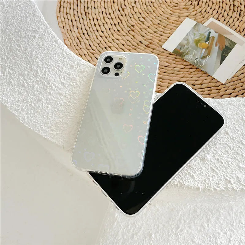 Transparent silicone iPhone case with laser love design for models 7 to 14 Pro Max