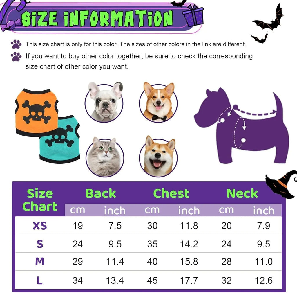 Dog wearing blue Halloween vest with skull bones pattern, stretch cotton pet costume