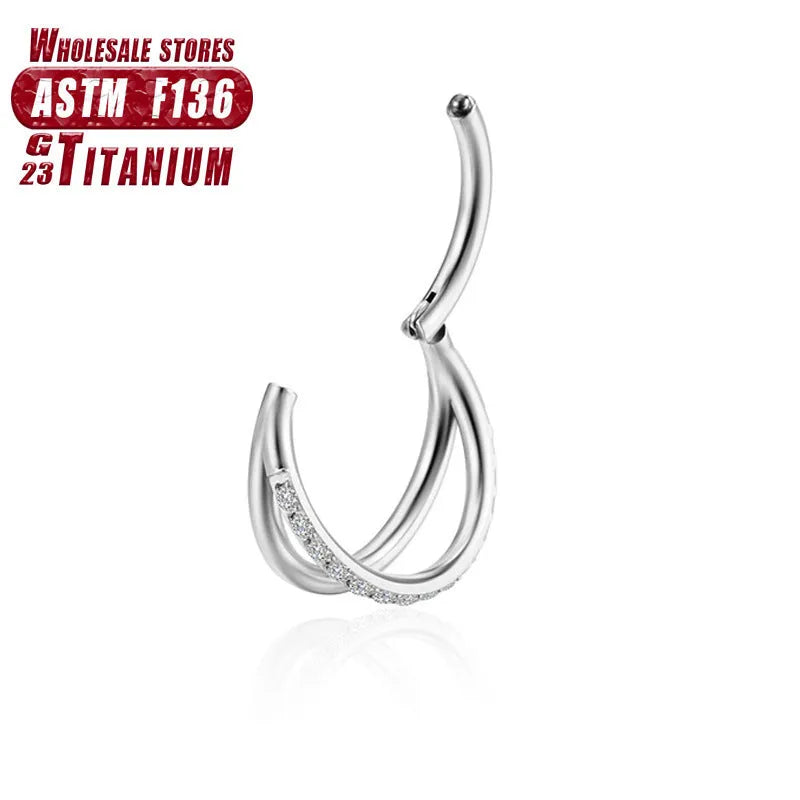 F136 titanium alloy fork nose ring with diamond cut finish in silver colour, on display