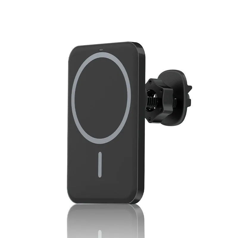 Black car magnetic wireless charger mounted on vehicle air vent with phone attached