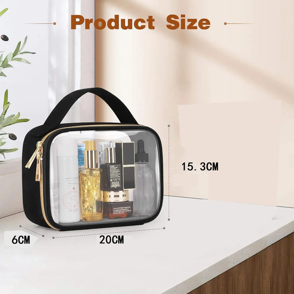 Transparent PVC cosmetic wash bag with chain handle showing visible lipstick storage