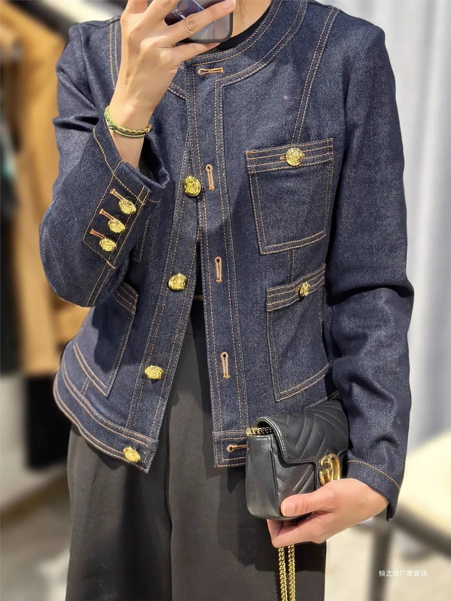 Dark blue sleeveless denim short coat for women in chenille fabric with spandex stretch, early autumn style