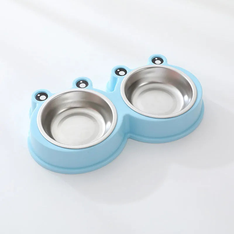 Stainless steel double pet bowl for food and water with a coloured silicone anti-slip base.