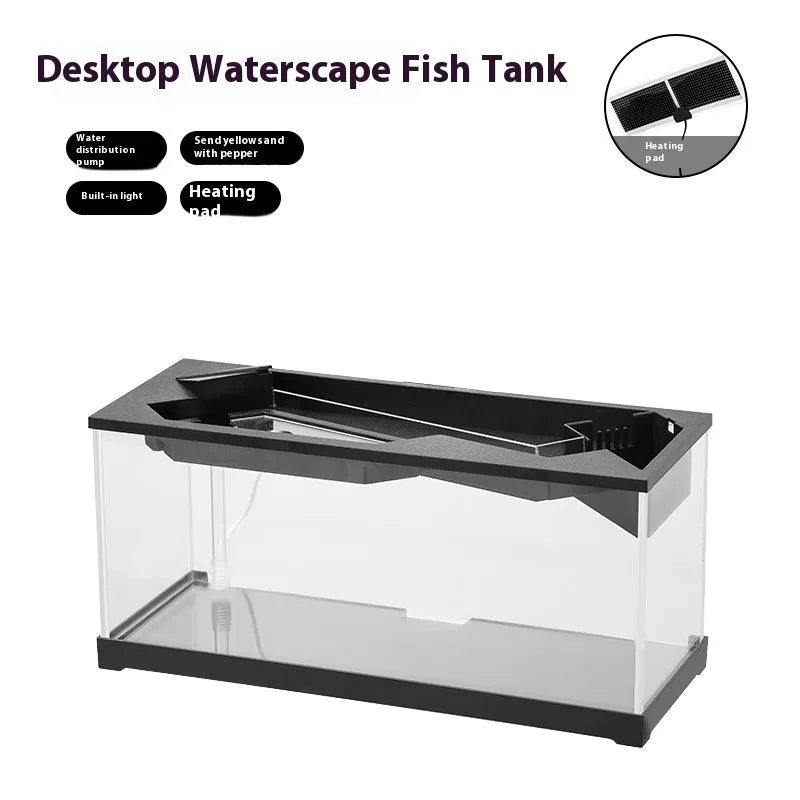 Small acrylic lazy aquarium with integrated filter, water pump, built-in lamp, heating mat, and external light on a desk