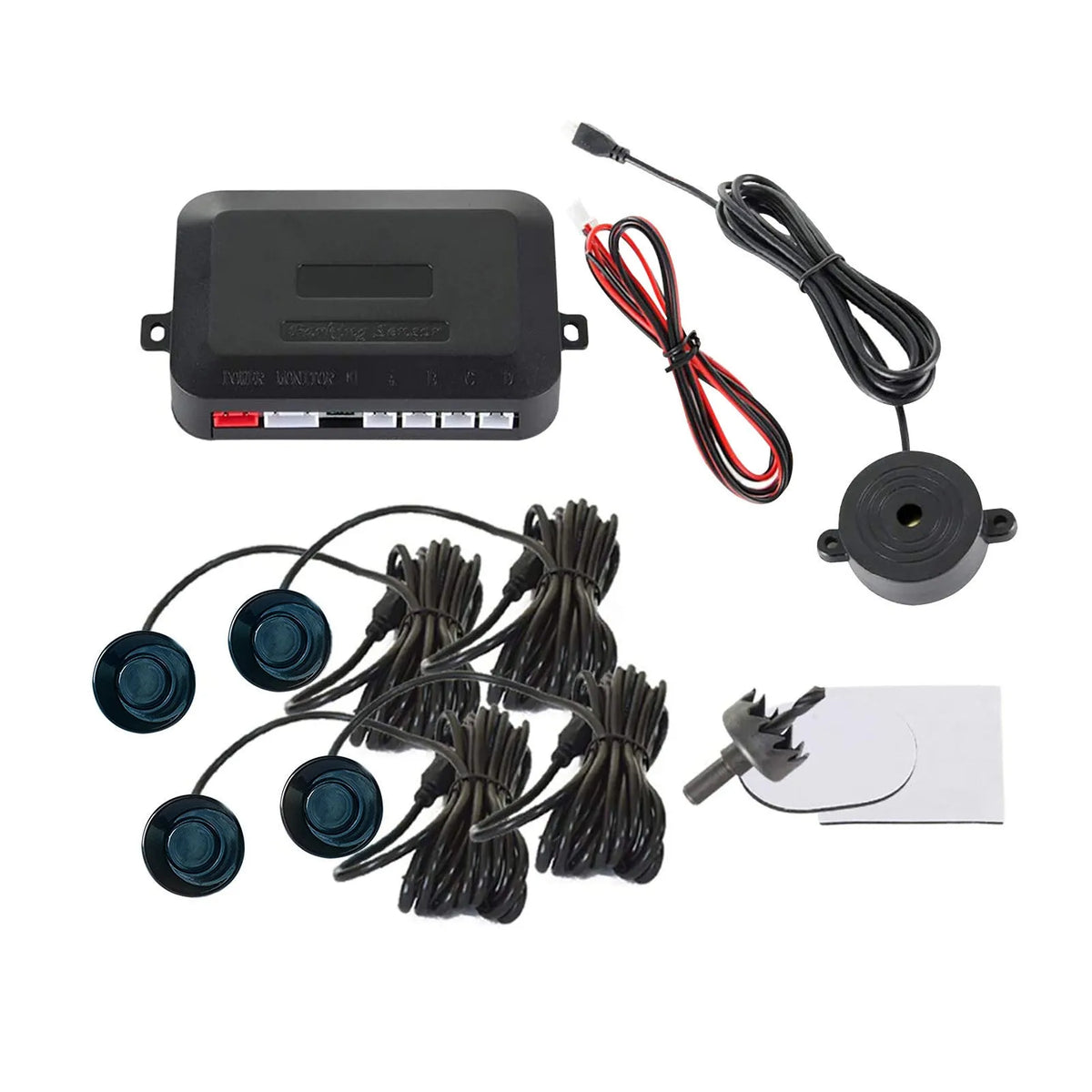Four-probe pure buzzer reversing radar with ultrasonic sensors in different colours on a car bumper.