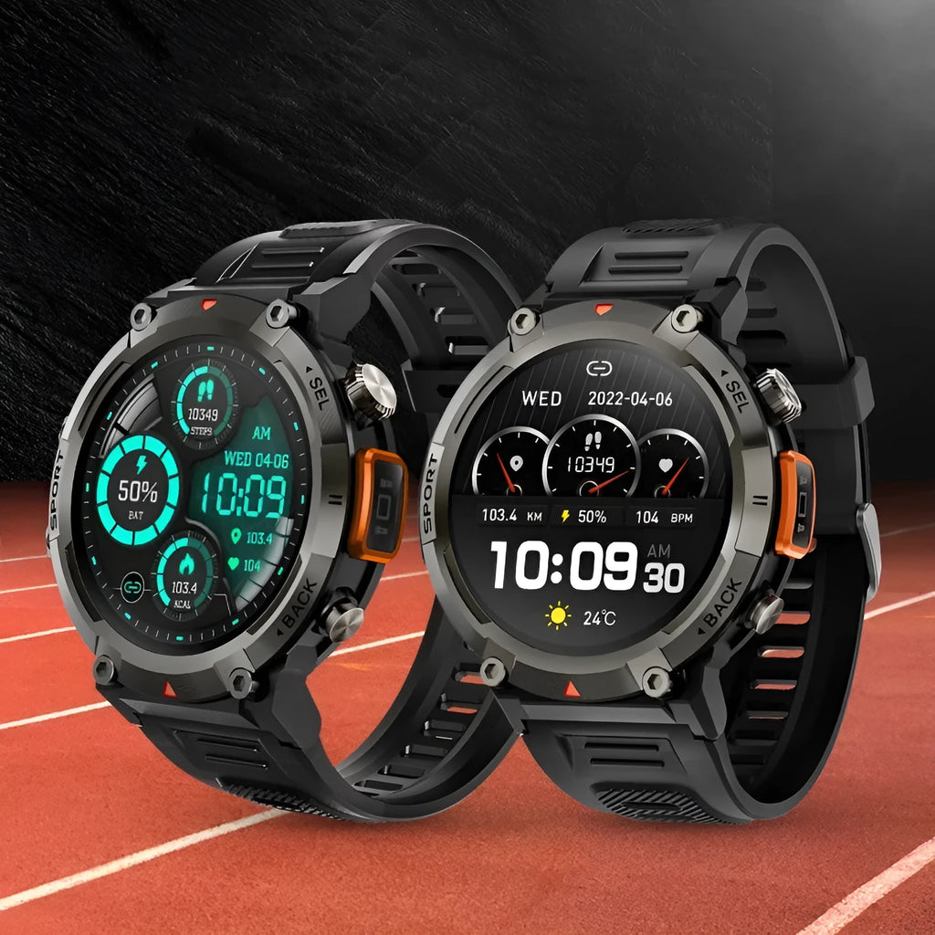 Outdoor smartwatch with round TFT screen, zinc alloy case, and classic buckle strap on a wrist