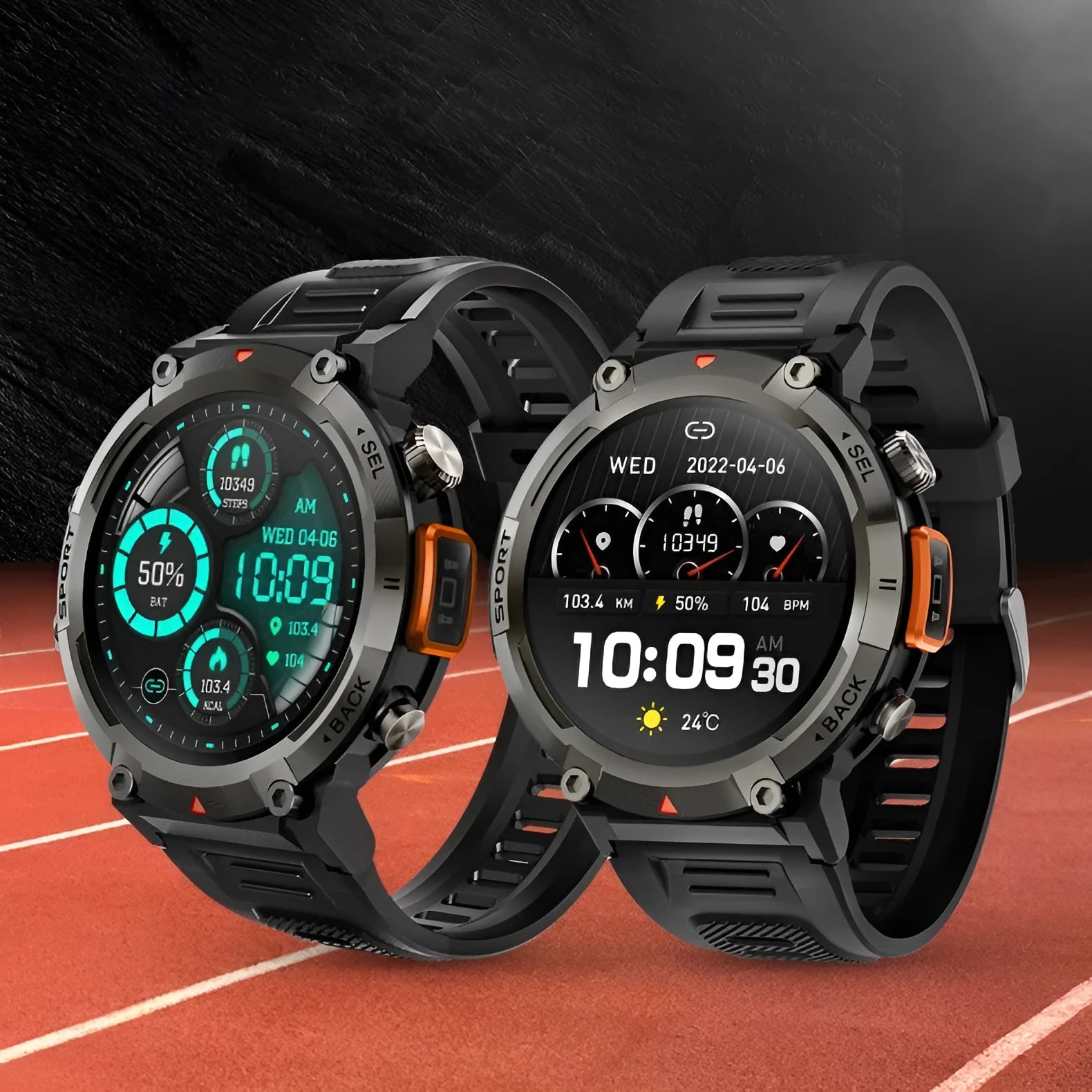 Outdoor smartwatch with round TFT screen, zinc alloy case, and classic buckle strap on a wrist