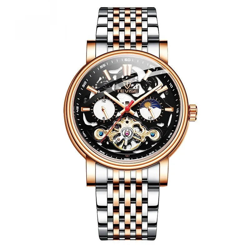Men's tourbillon mechanical watch with luminous hands on a black leather strap