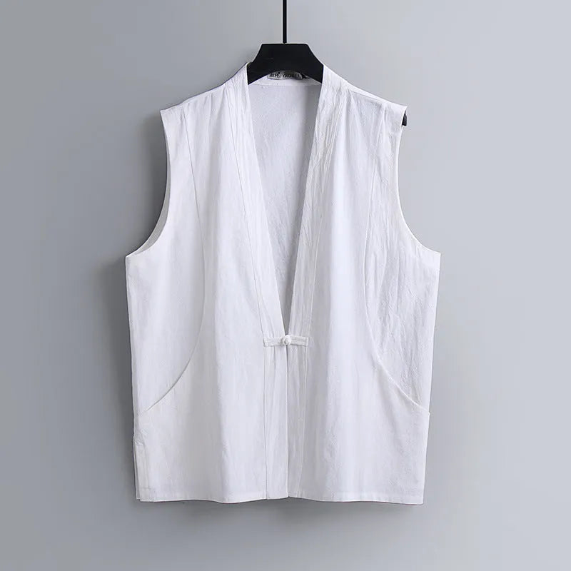 Men's loose fit linen sleeveless vest in a solid colour on a hanger.