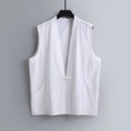 Men's loose fit linen sleeveless vest in a solid colour on a hanger.