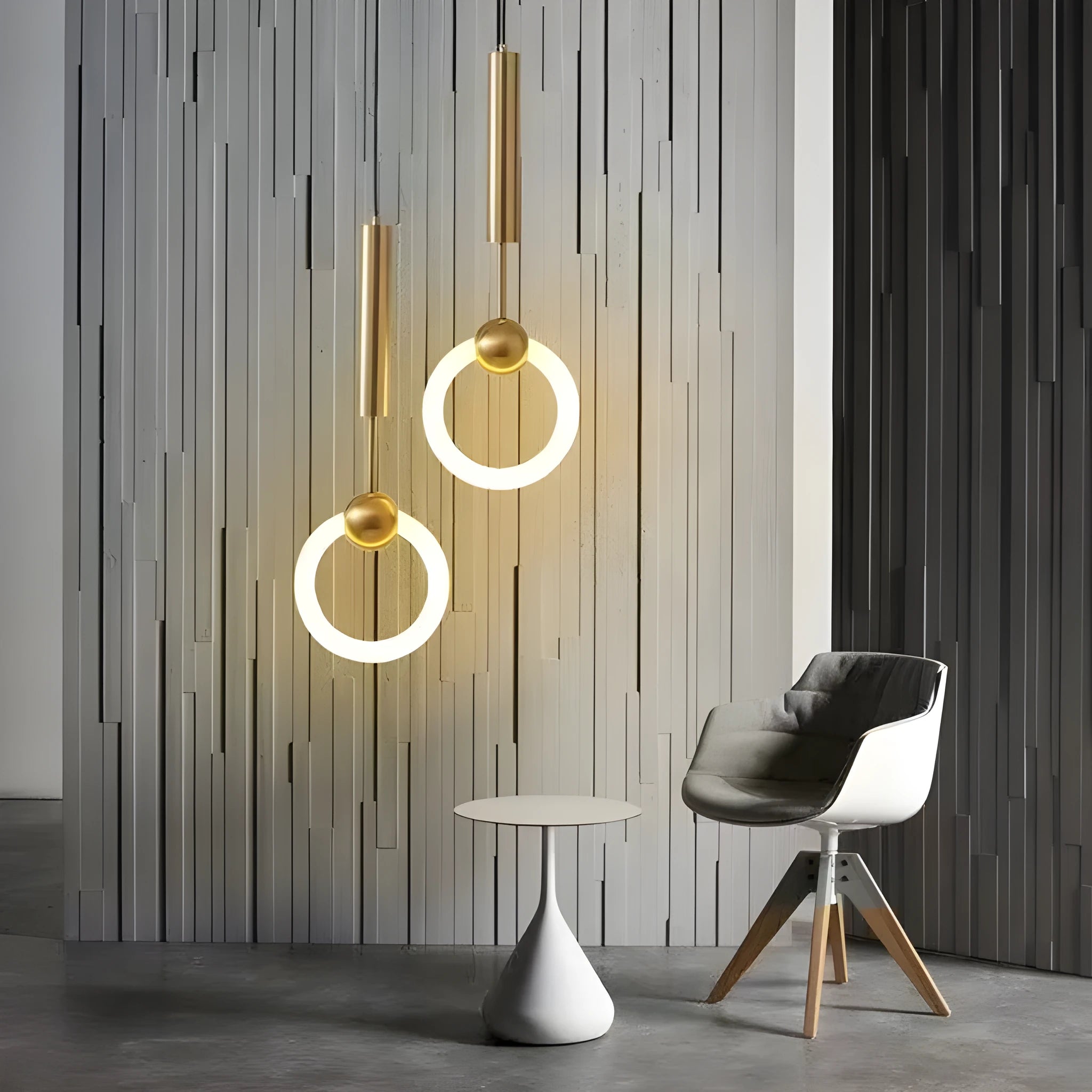 Nordic minimalist U-shaped bedside chandelier with a white shade on a pendant cord.