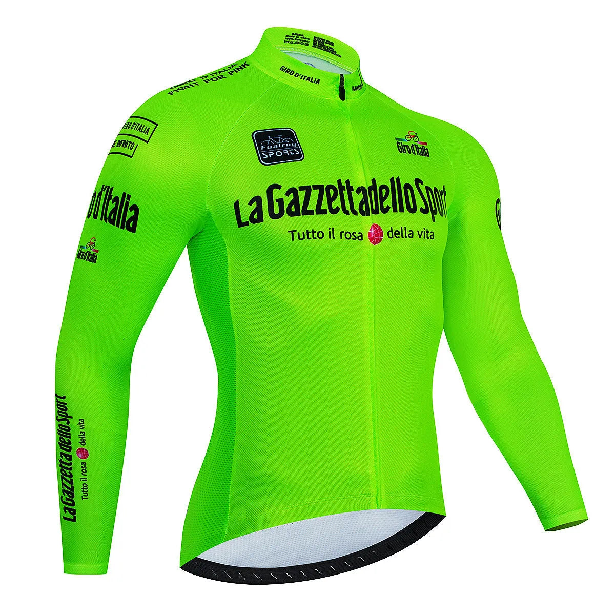 Men's long sleeve patterned cycling top for mountain biking on a mannequin.