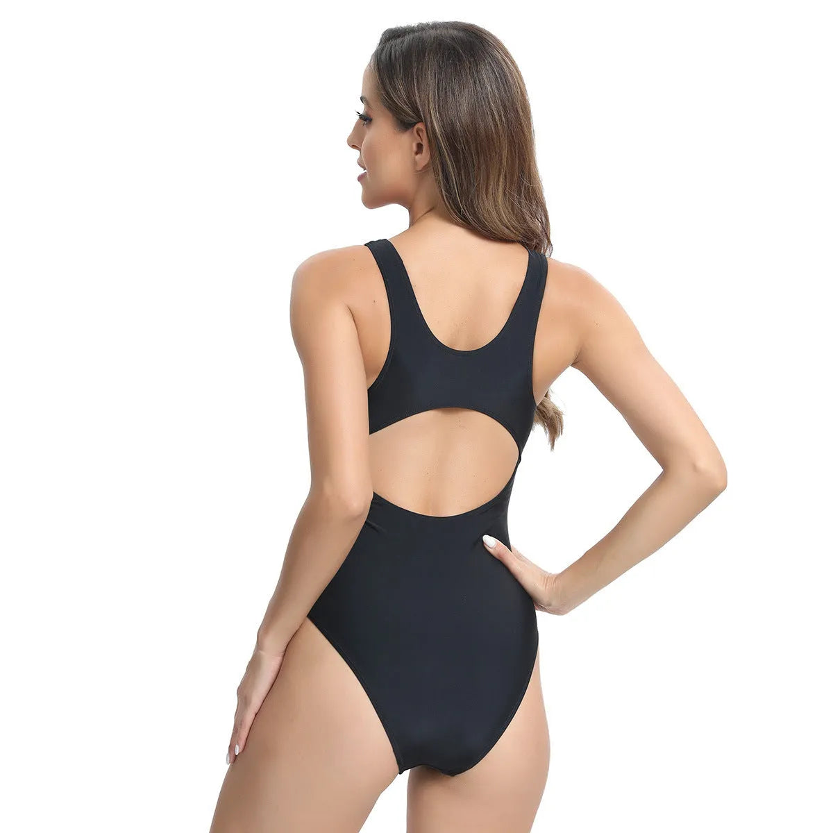 Women's sleeveless one-piece polyester swimsuit briefs in rose red, blue, and white colours