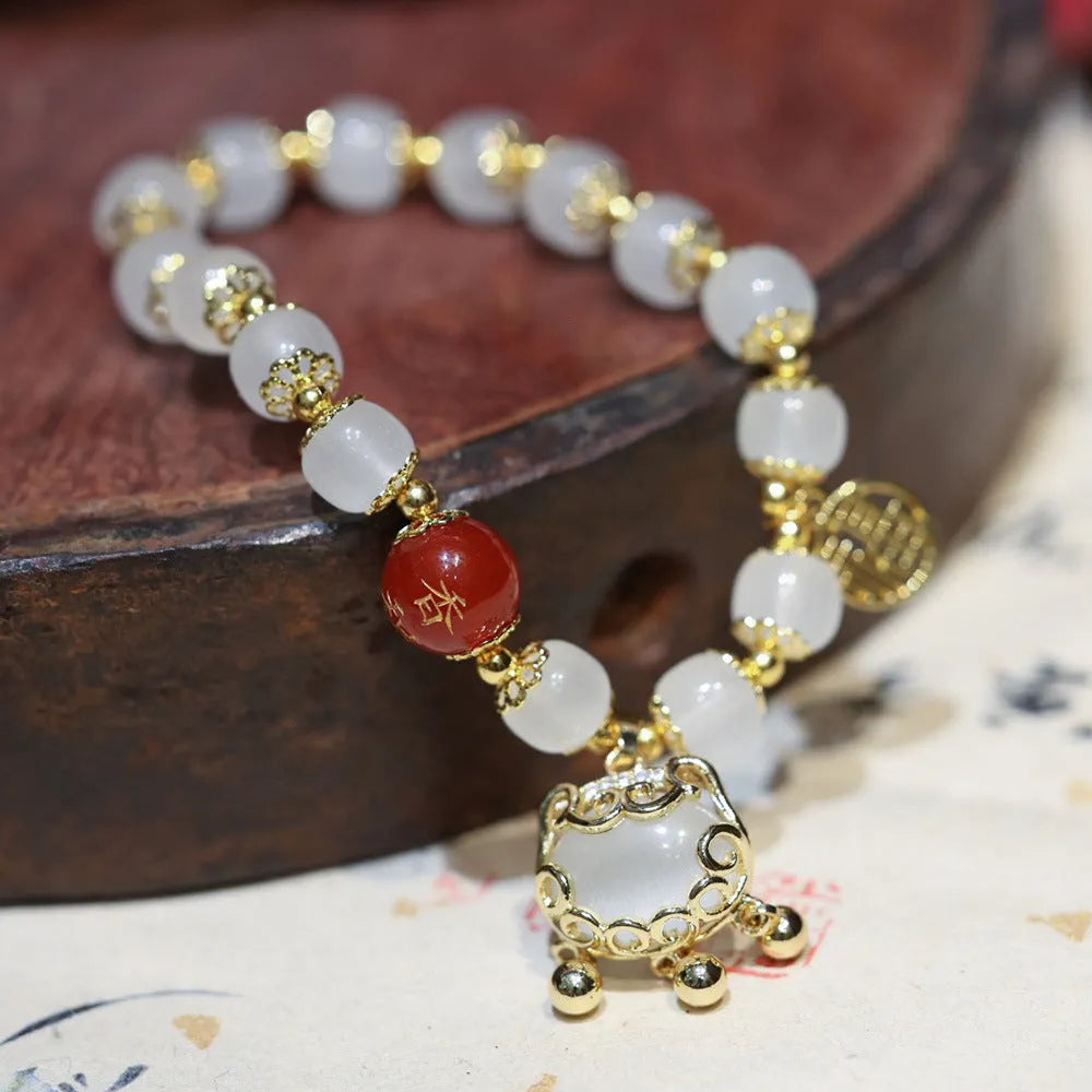 Chinese style coloured glass women's bracelet with fu character and safety lock symbols