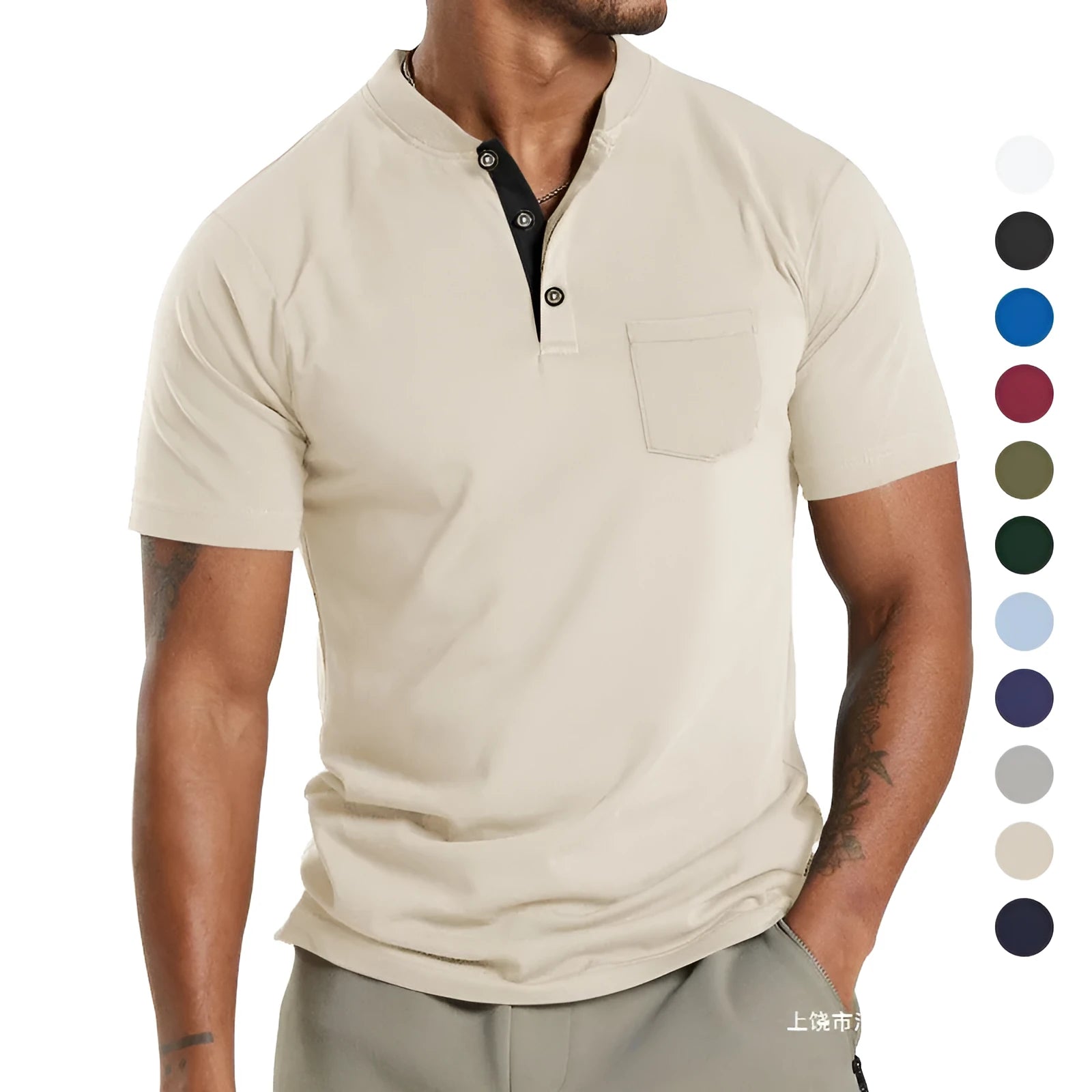 Men's plus size short sleeve button-down shirt in light khaki with a chest pocket.