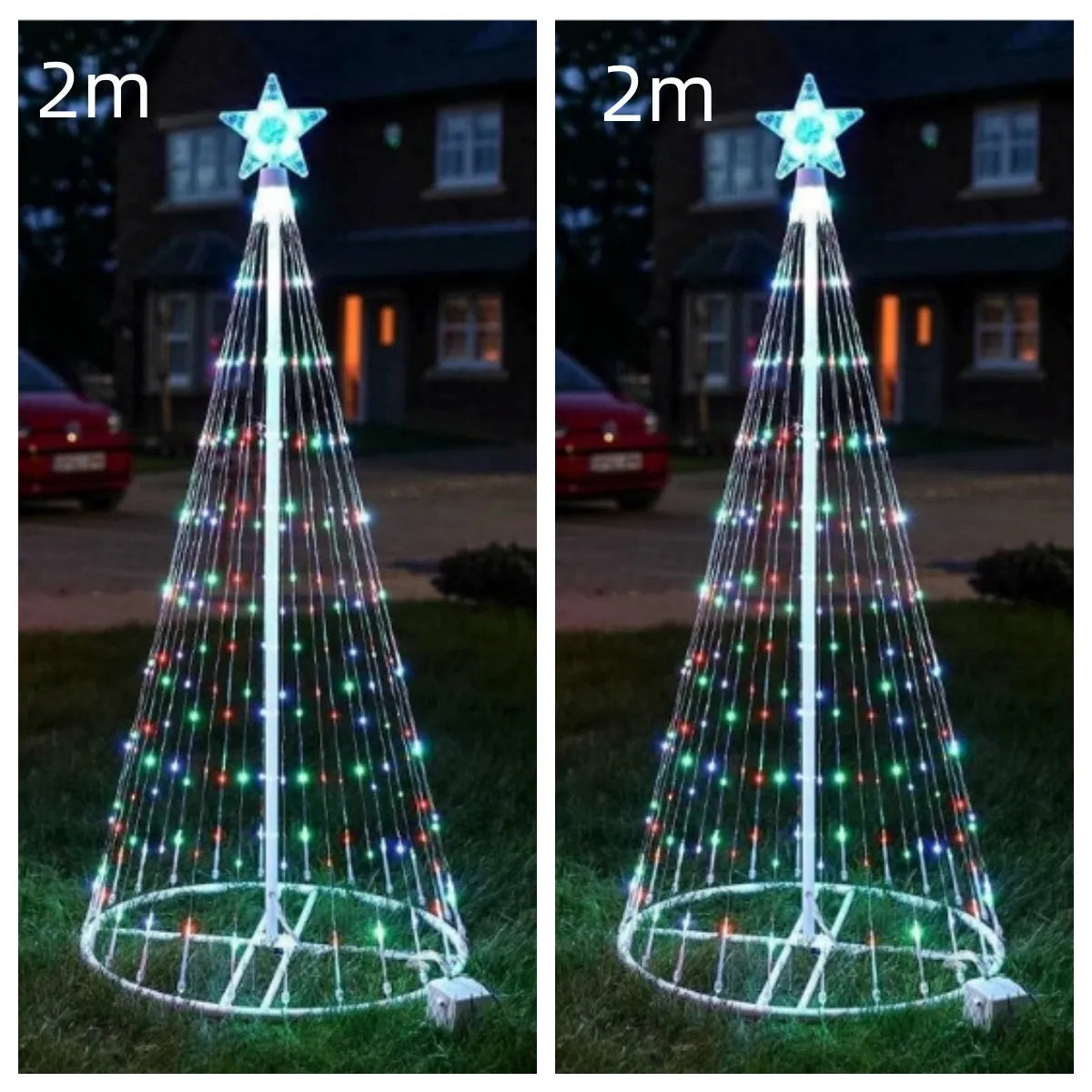 Multi colour LED animated outdoor Christmas tree lights showing 200 warm white lamps on 1.5m or 2m frame