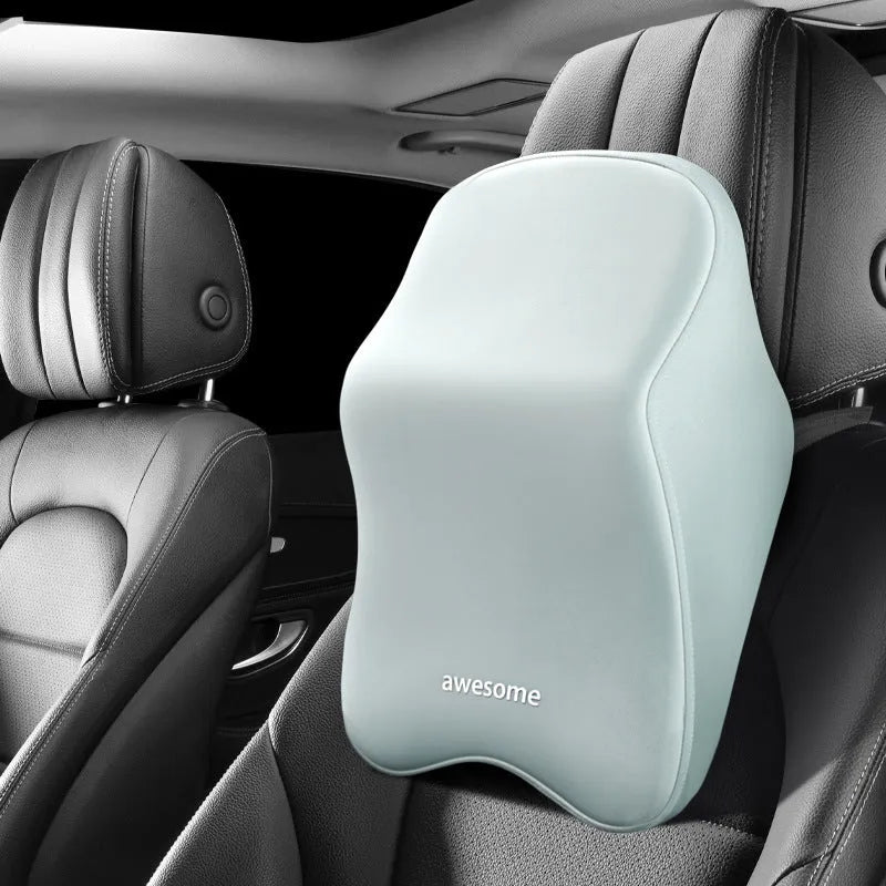 Memory foam car lumbar pillow and headrest set with geometric pattern in black, grey, green, or pink options