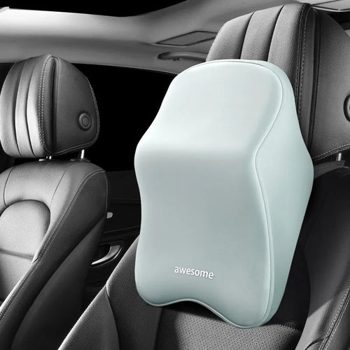 Memory foam car lumbar pillow and headrest set with geometric pattern in black, grey, green, or pink options