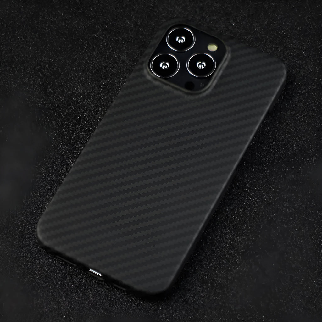Matte black Kevlar fibre protective case for iPhone showing stripe detail and precise model fit
