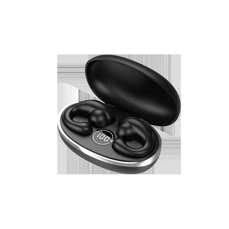 Black bone conduction wireless Bluetooth headset QK01 model on white background