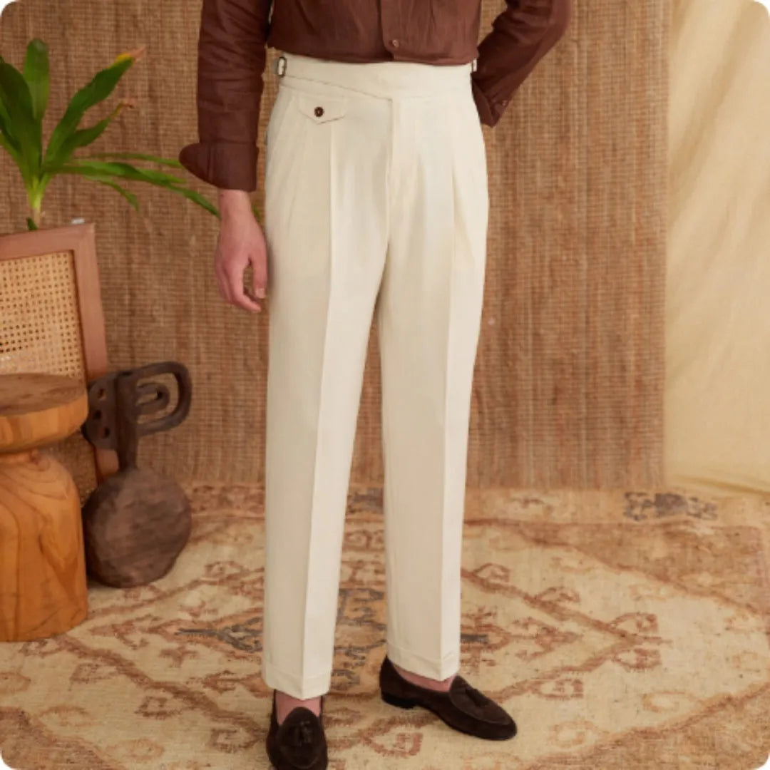 Men's slim fit straight leg business trousers in dark grey, light brown, or light apricot colours.