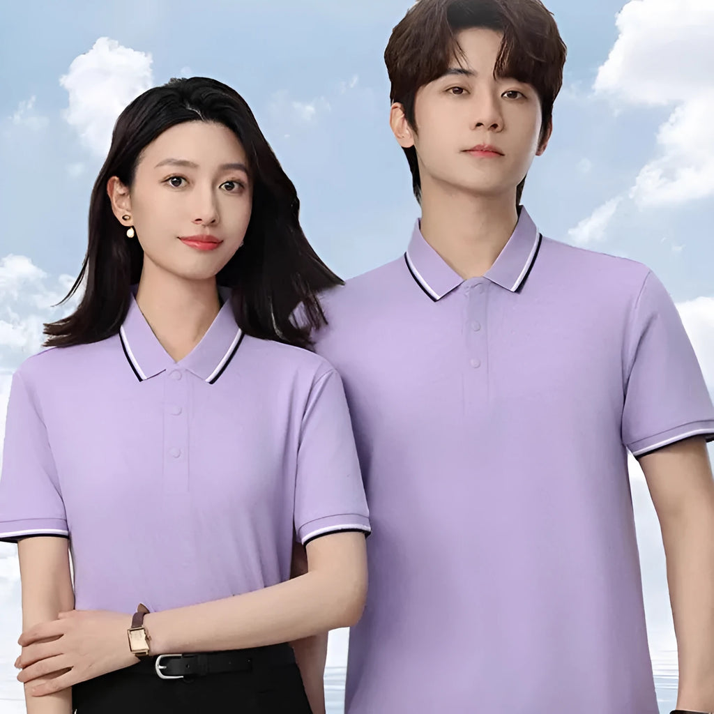 Lapel collar short sleeve cotton T-shirt on a hanger, shown in multiple colour options.