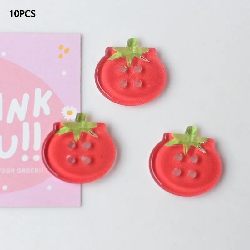 Plastic tomato button ornaments in cherry tomato printing, red plaid, solid red, and mixed colour designs