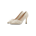 Women's satin stiletto heels in Champagne, pointed toe with lace and beading decorations