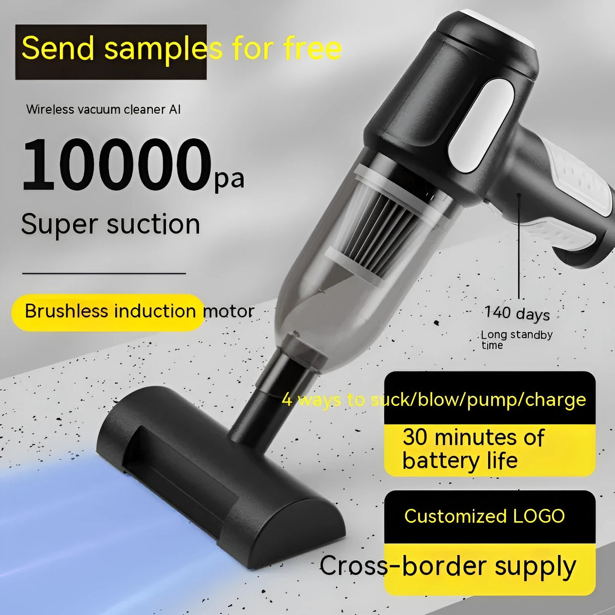 Black cordless handheld car vacuum cleaner with attached brush nozzle and charging cable.