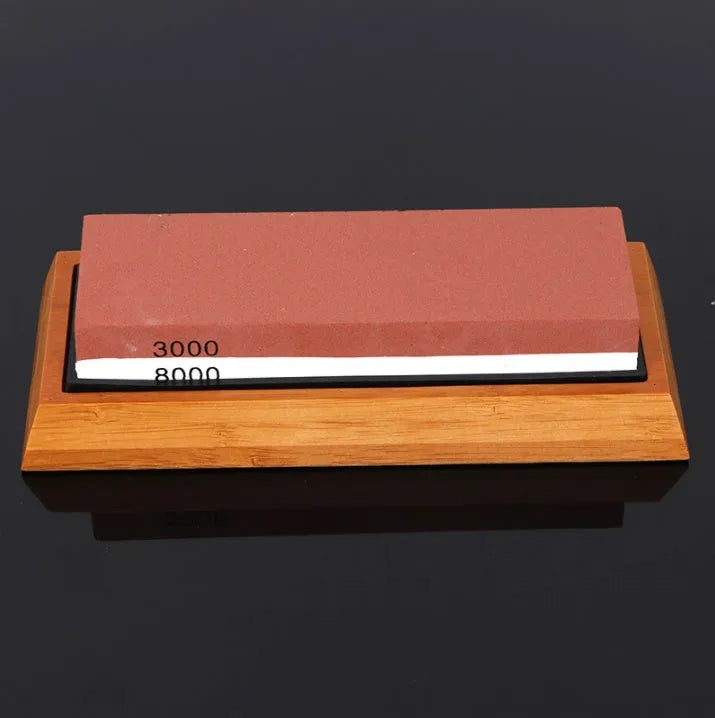 Double-sided 3000/8000 grit white corundum whetstone sharpening kit with bamboo base and accessories