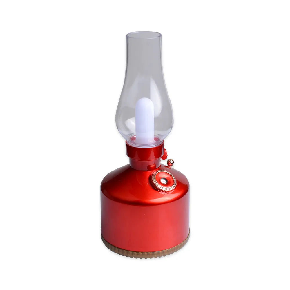 Kerosene lamp ultrasonic humidifier in brass colour with single fog outlet on wooden desk