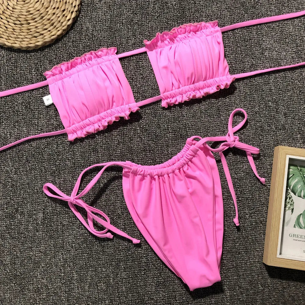 Costa Rica bandeau bikini set, triangle two-piece swimsuit with chest pad, double layer nylon, sizes S M L, multiple colours.