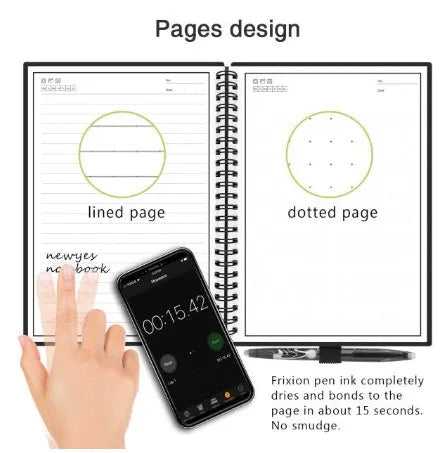 Black PP cover rewritable paper notebook with spiral binding, open to a page with handwriting, pen included