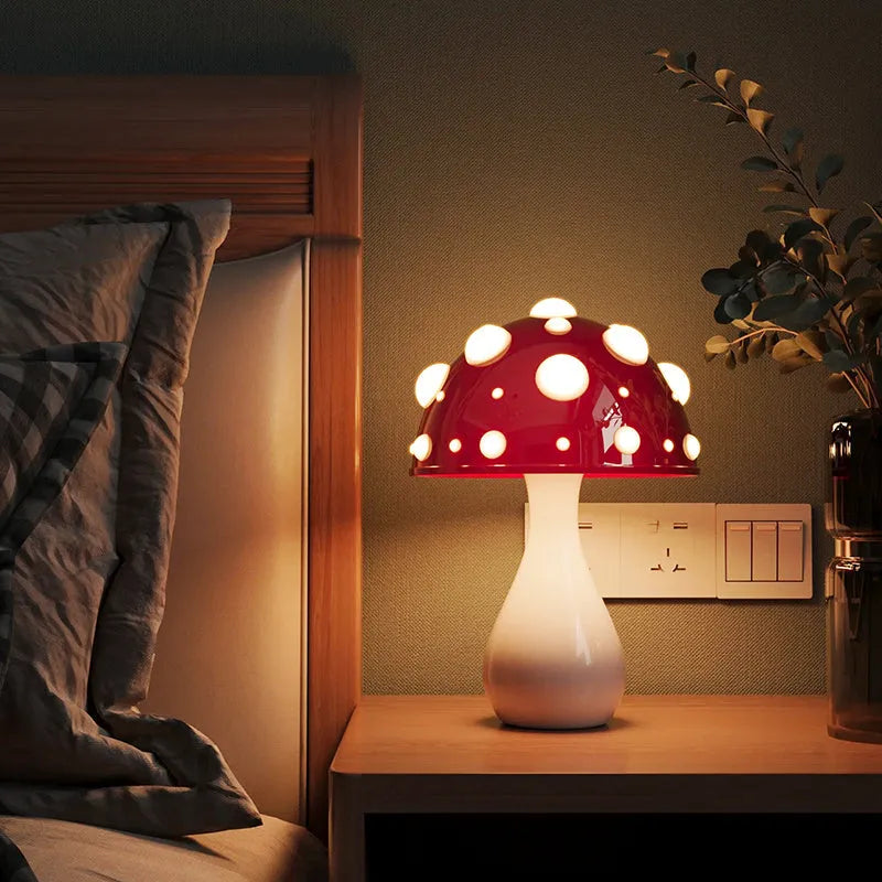 Mushroom decorative table lamp with tri-colour light on a bedside table, white base option, modern simplicity style