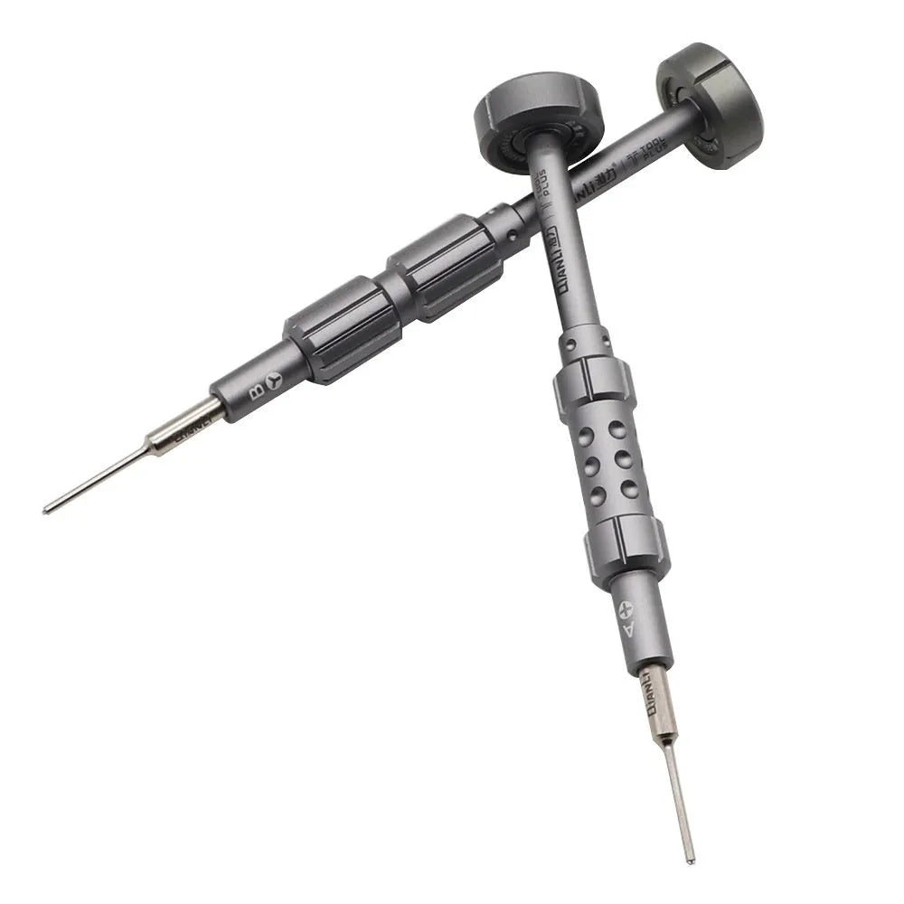 iPhone-compatible screwdriver with grenade-shaped aluminium handle and multiple bit types