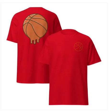 Man wearing a maroon short sleeve polyester mesh T-shirt, pullover style with regular sleeves.