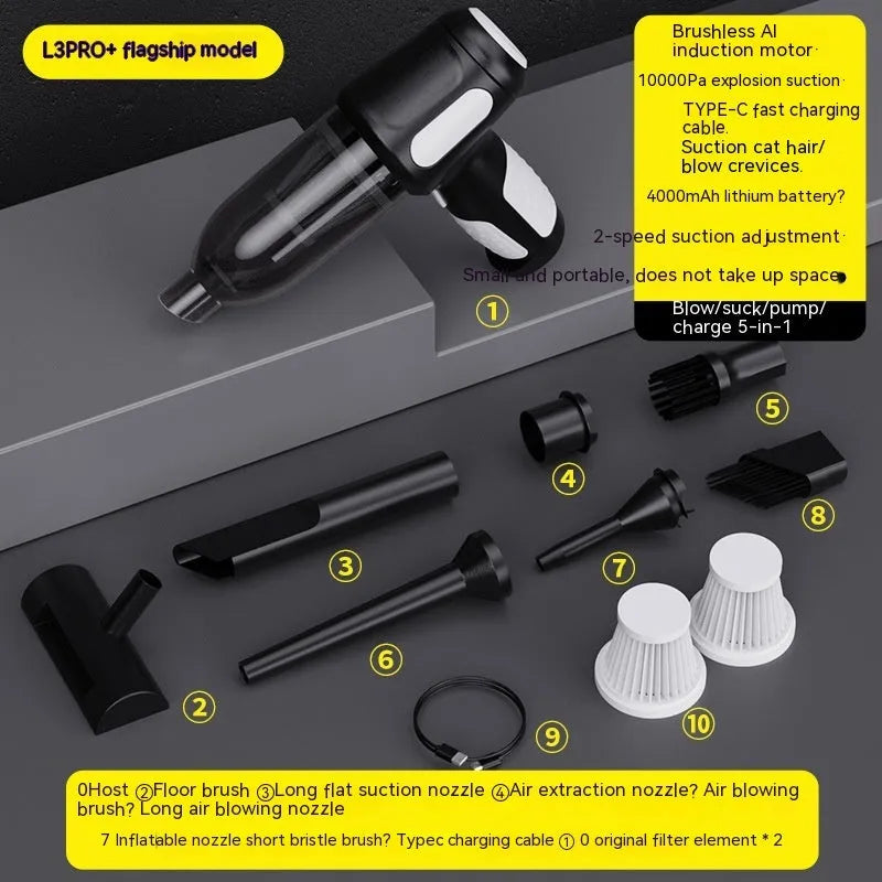 Black cordless handheld car vacuum cleaner with attached brush nozzle and charging cable.