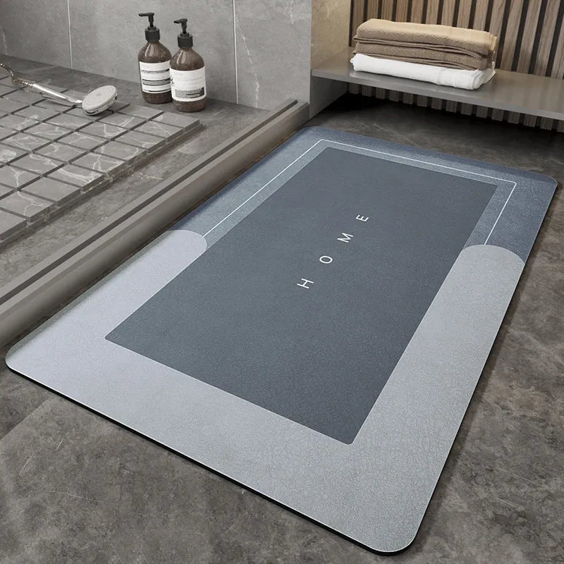 Blended fabric bathroom floor mat in blue, available in oval and rectangular shapes.