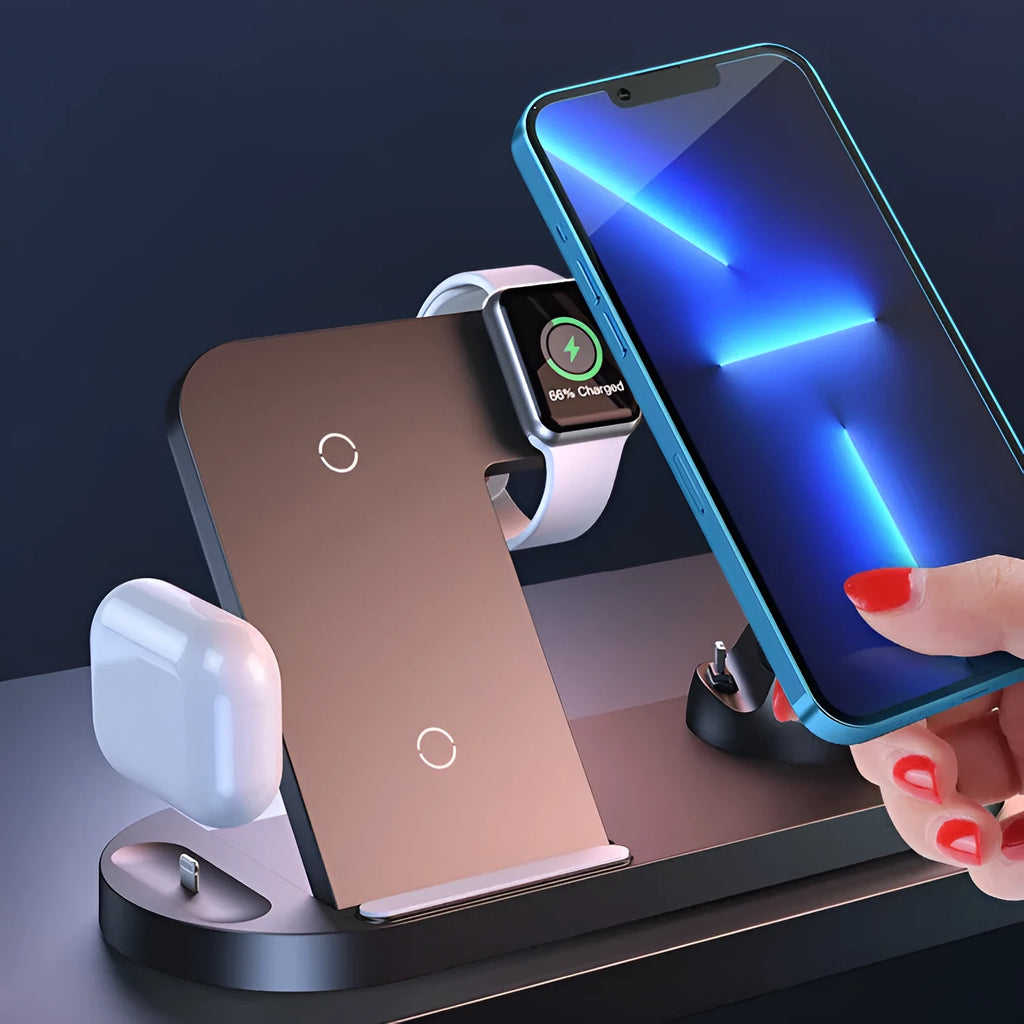 Multifunctional wireless charger base plate in black, foldable design with fast charging capability