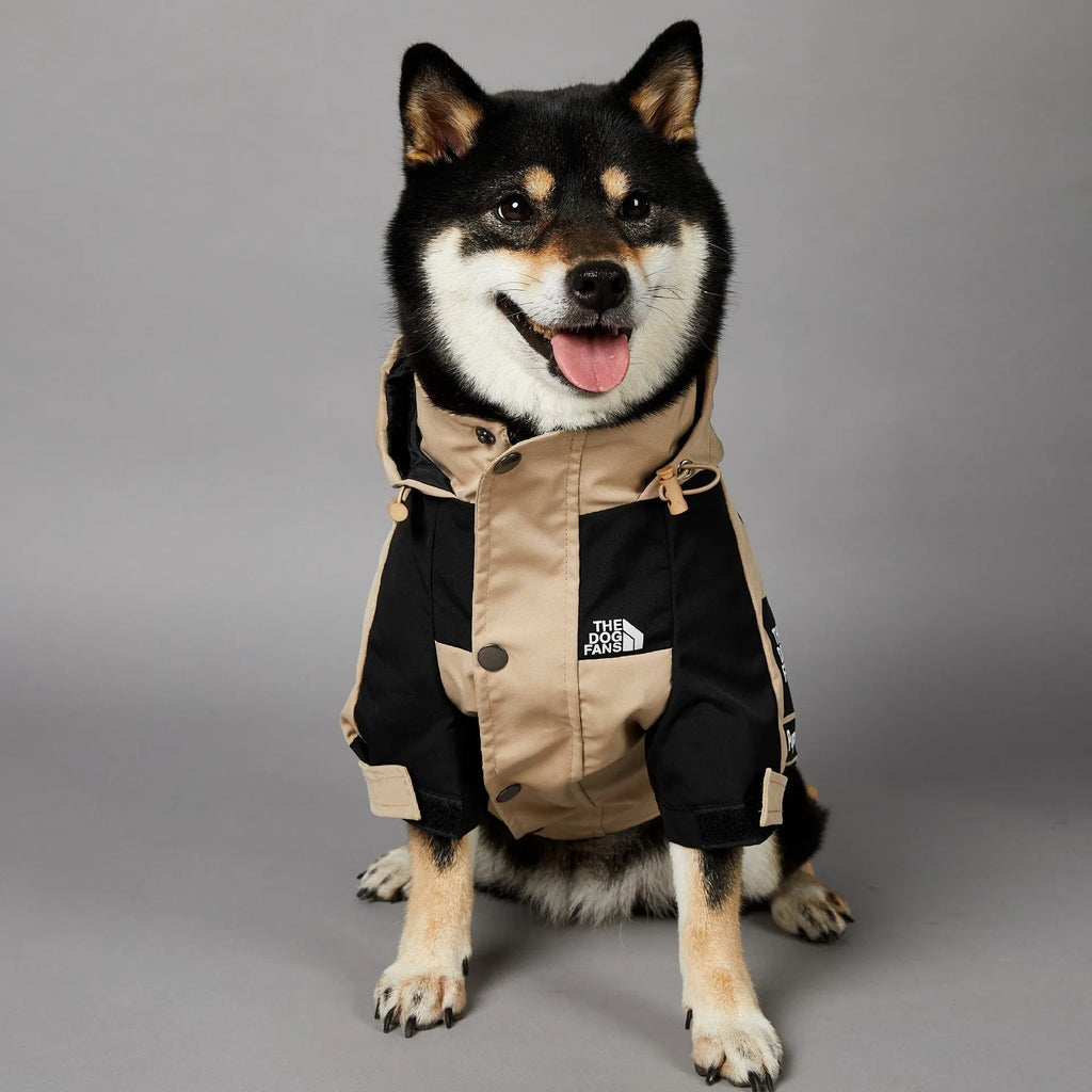 Khaki-coloured polyester dog shell coat shown on a model, sizes S to 5XL